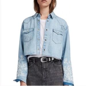 ALLSAINTS All Saints Western Crop Denim Jacket Sz XS Embroidered Concert Country